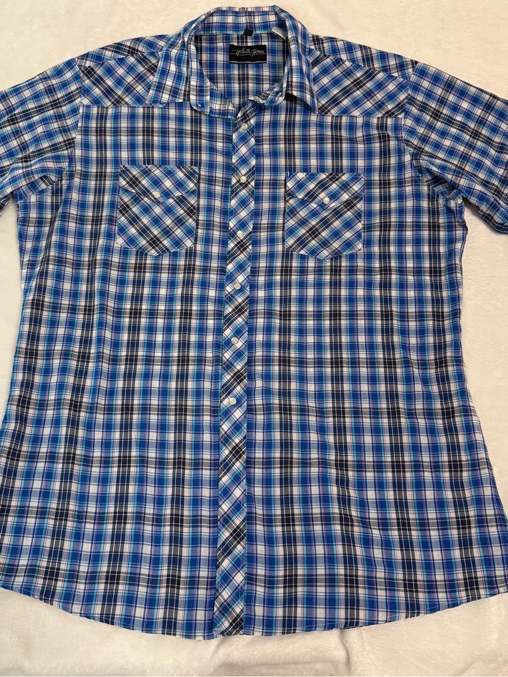 White Horse Men's Blue Plaid Pearl Snap Short-Sleeve Button-Down Shirt XL Cotton
